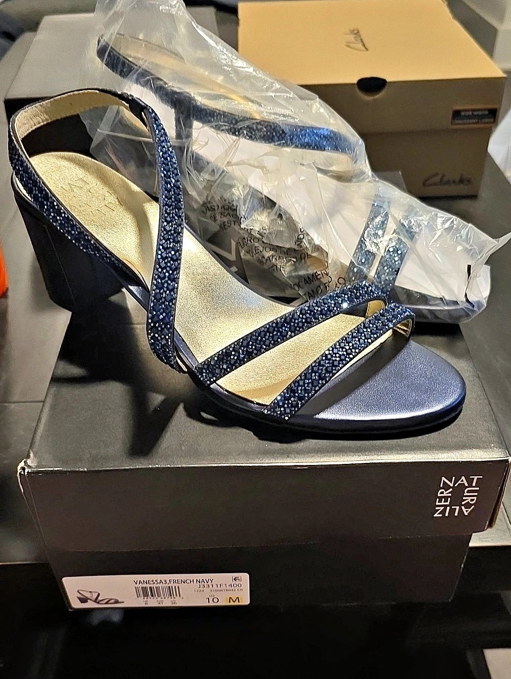 Vanessa Satin Strappy Crystal Detail Block Heel Dress Sandals French Navy NIB
